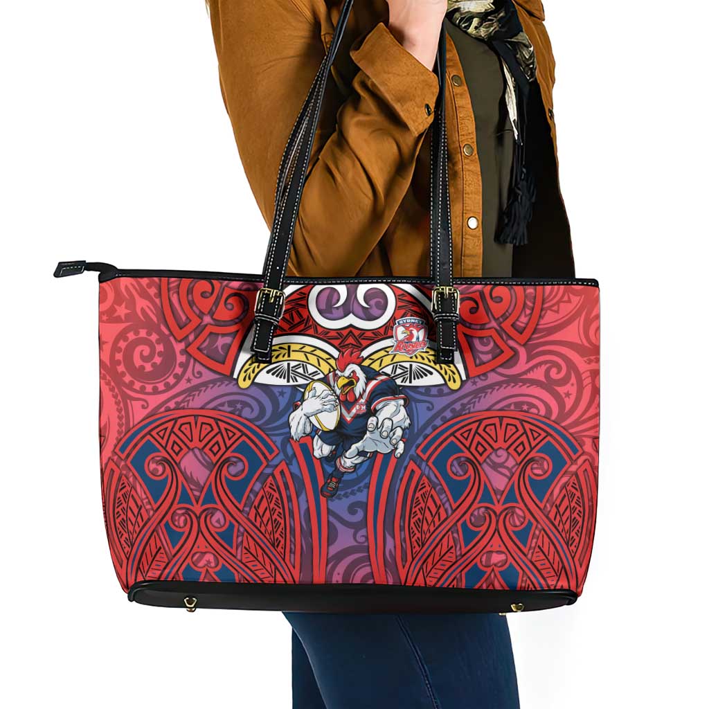 Sydney Roosters Rugby Leather Tote Bag Polynesian Tribal Rooster Warrior Red Blue Pattern