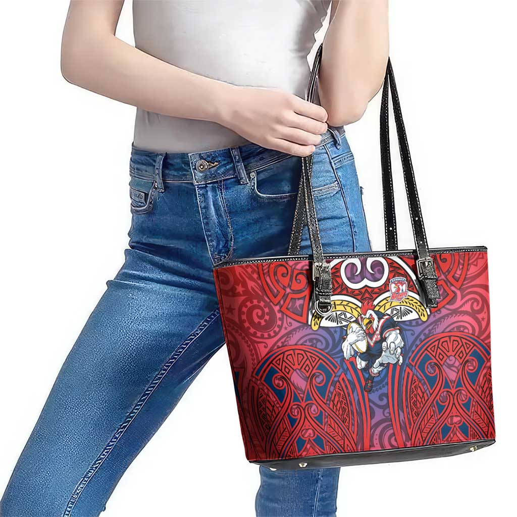 Sydney Roosters Rugby Leather Tote Bag Polynesian Tribal Rooster Warrior Red Blue Pattern