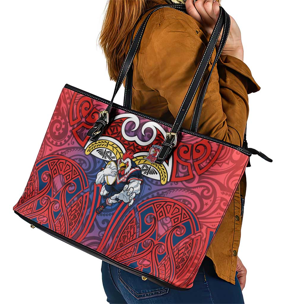 Sydney Roosters Rugby Leather Tote Bag Polynesian Tribal Rooster Warrior Red Blue Pattern