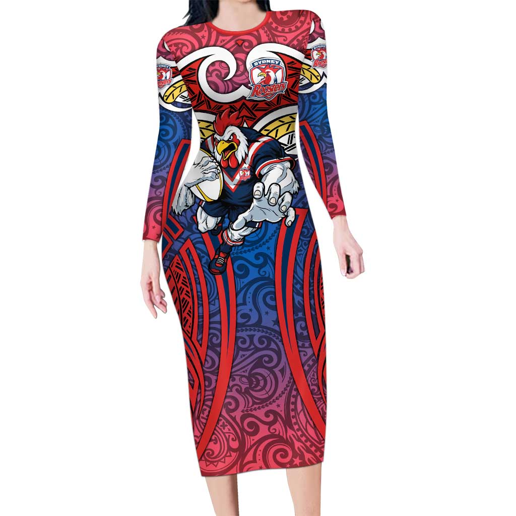 Sydney Roosters Rugby Long Sleeve Bodycon Dress Polynesian Tribal Rooster Warrior Red Blue Pattern