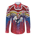 Sydney Roosters Rugby Long Sleeve Button Shirt Polynesian Tribal Rooster Warrior Red Blue Pattern