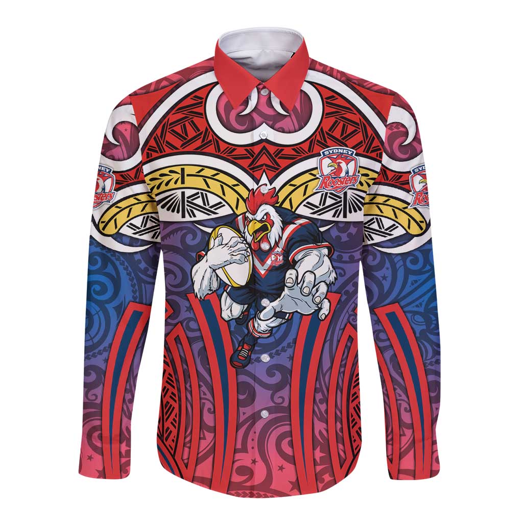 Sydney Roosters Rugby Long Sleeve Button Shirt Polynesian Tribal Rooster Warrior Red Blue Pattern