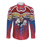 Sydney Roosters Rugby Long Sleeve Button Shirt Polynesian Tribal Rooster Warrior Red Blue Pattern