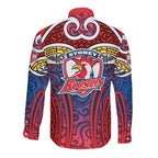 Sydney Roosters Rugby Long Sleeve Button Shirt Polynesian Tribal Rooster Warrior Red Blue Pattern