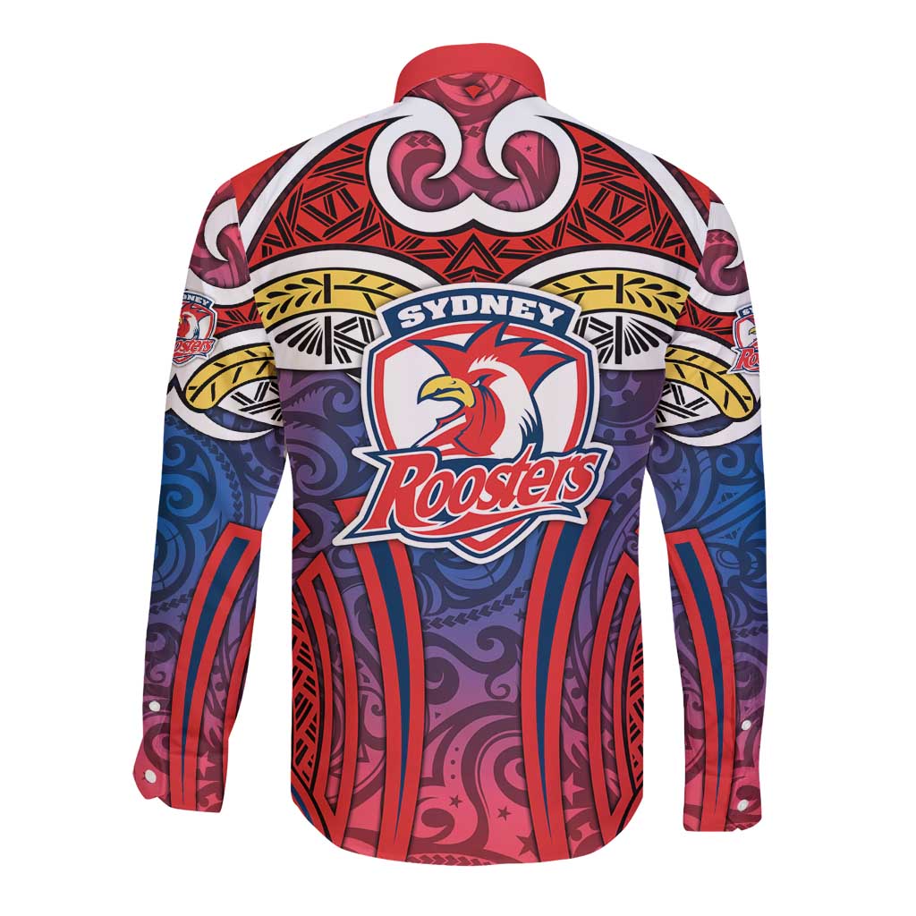Sydney Roosters Rugby Long Sleeve Button Shirt Polynesian Tribal Rooster Warrior Red Blue Pattern