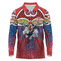 Sydney Roosters Rugby Long Sleeve Polo Shirt Polynesian Tribal Rooster Warrior Red Blue Pattern