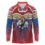 Sydney Roosters Rugby Long Sleeve Polo Shirt Polynesian Tribal Rooster Warrior Red Blue Pattern