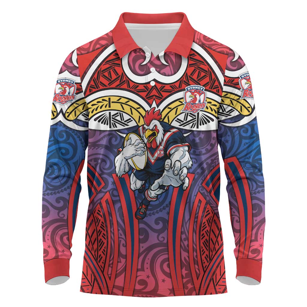Sydney Roosters Rugby Long Sleeve Polo Shirt Polynesian Tribal Rooster Warrior Red Blue Pattern