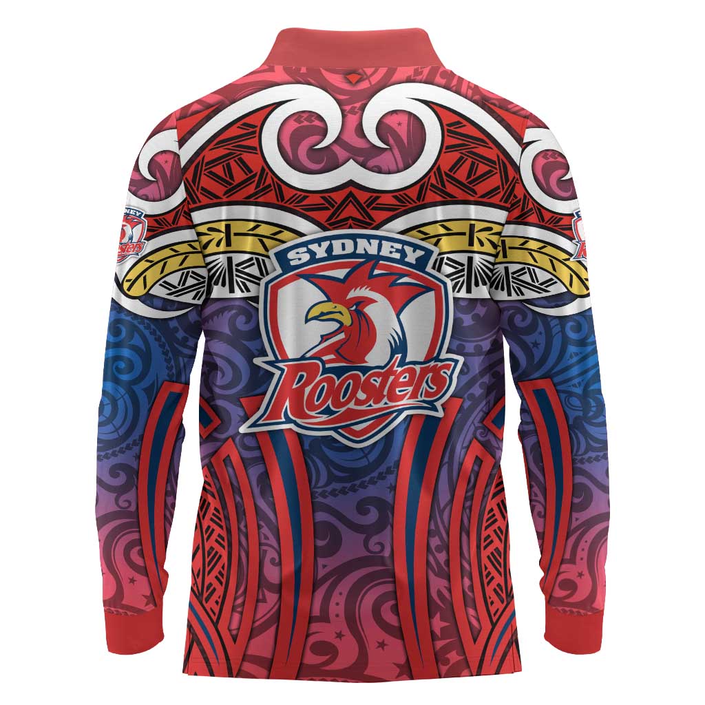 Sydney Roosters Rugby Long Sleeve Polo Shirt Polynesian Tribal Rooster Warrior Red Blue Pattern