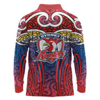 Sydney Roosters Rugby Long Sleeve Polo Shirt Polynesian Tribal Rooster Warrior Red Blue Pattern