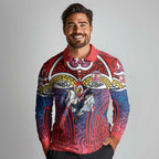 Sydney Roosters Rugby Long Sleeve Polo Shirt Polynesian Tribal Rooster Warrior Red Blue Pattern