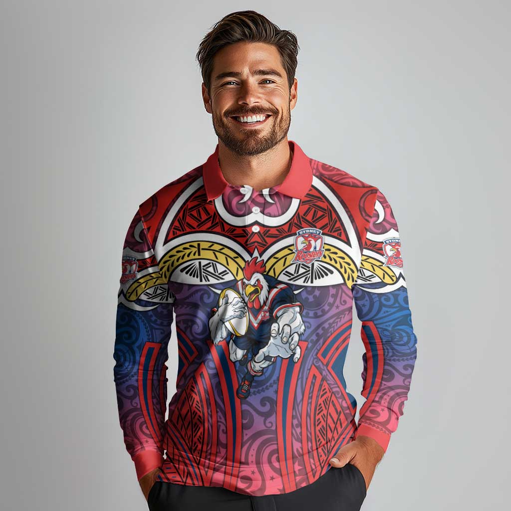 Sydney Roosters Rugby Long Sleeve Polo Shirt Polynesian Tribal Rooster Warrior Red Blue Pattern