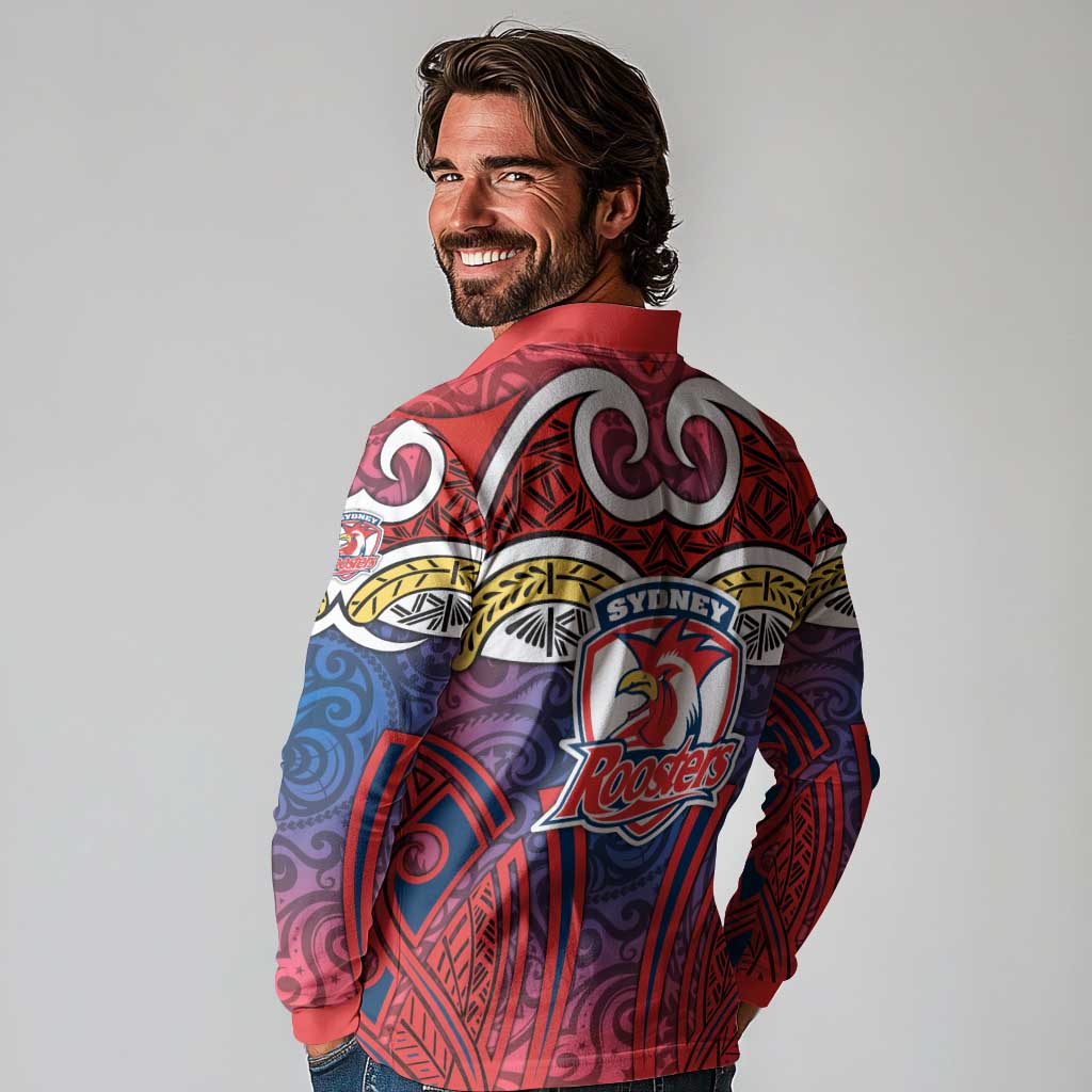 Sydney Roosters Rugby Long Sleeve Polo Shirt Polynesian Tribal Rooster Warrior Red Blue Pattern