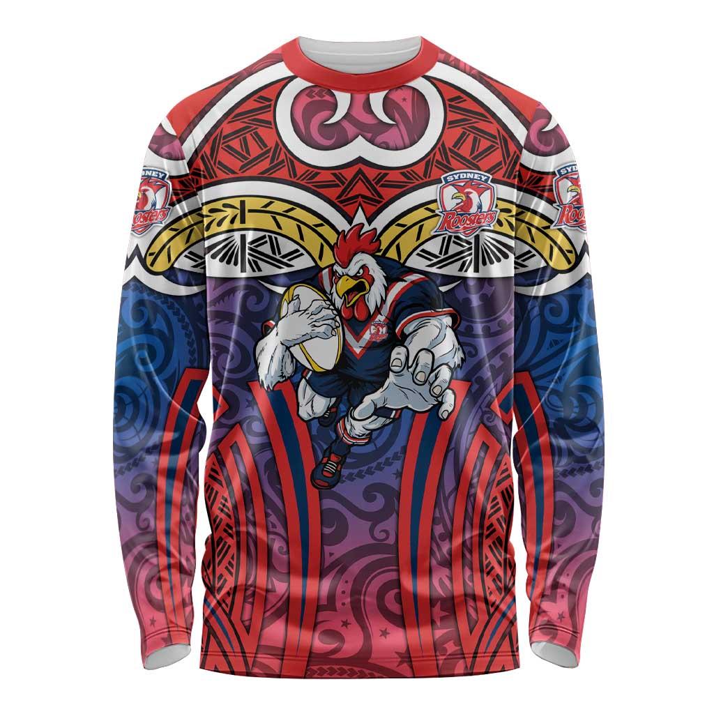 Sydney Roosters Rugby Long Sleeve Shirt Polynesian Tribal Rooster Warrior Red Blue Pattern