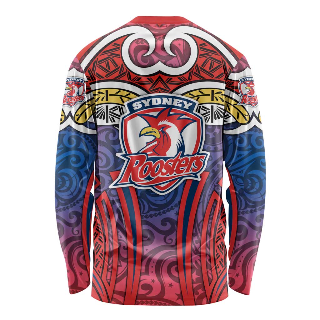 Sydney Roosters Rugby Long Sleeve Shirt Polynesian Tribal Rooster Warrior Red Blue Pattern