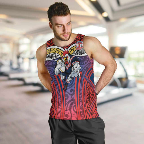 Sydney Roosters Rugby Men Tank Top Polynesian Tribal Rooster Warrior Red Blue Pattern