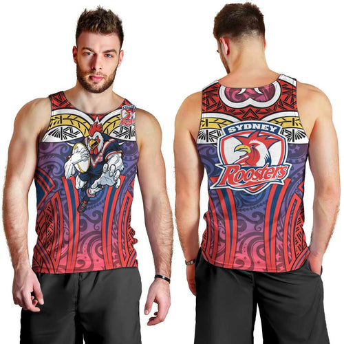 Sydney Roosters Rugby Men Tank Top Polynesian Tribal Rooster Warrior Red Blue Pattern