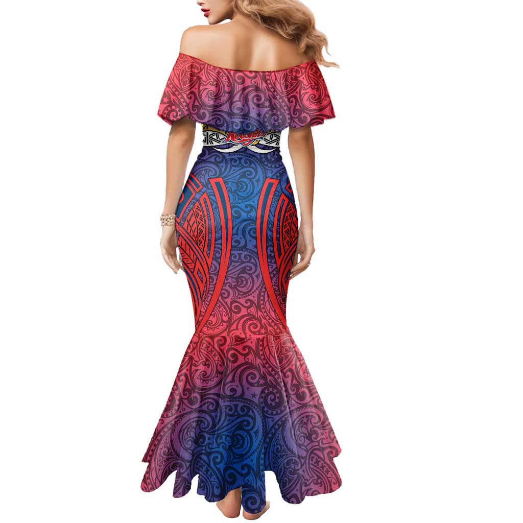 Sydney Roosters Rugby Mermaid Dress Polynesian Tribal Rooster Warrior Red Blue Pattern