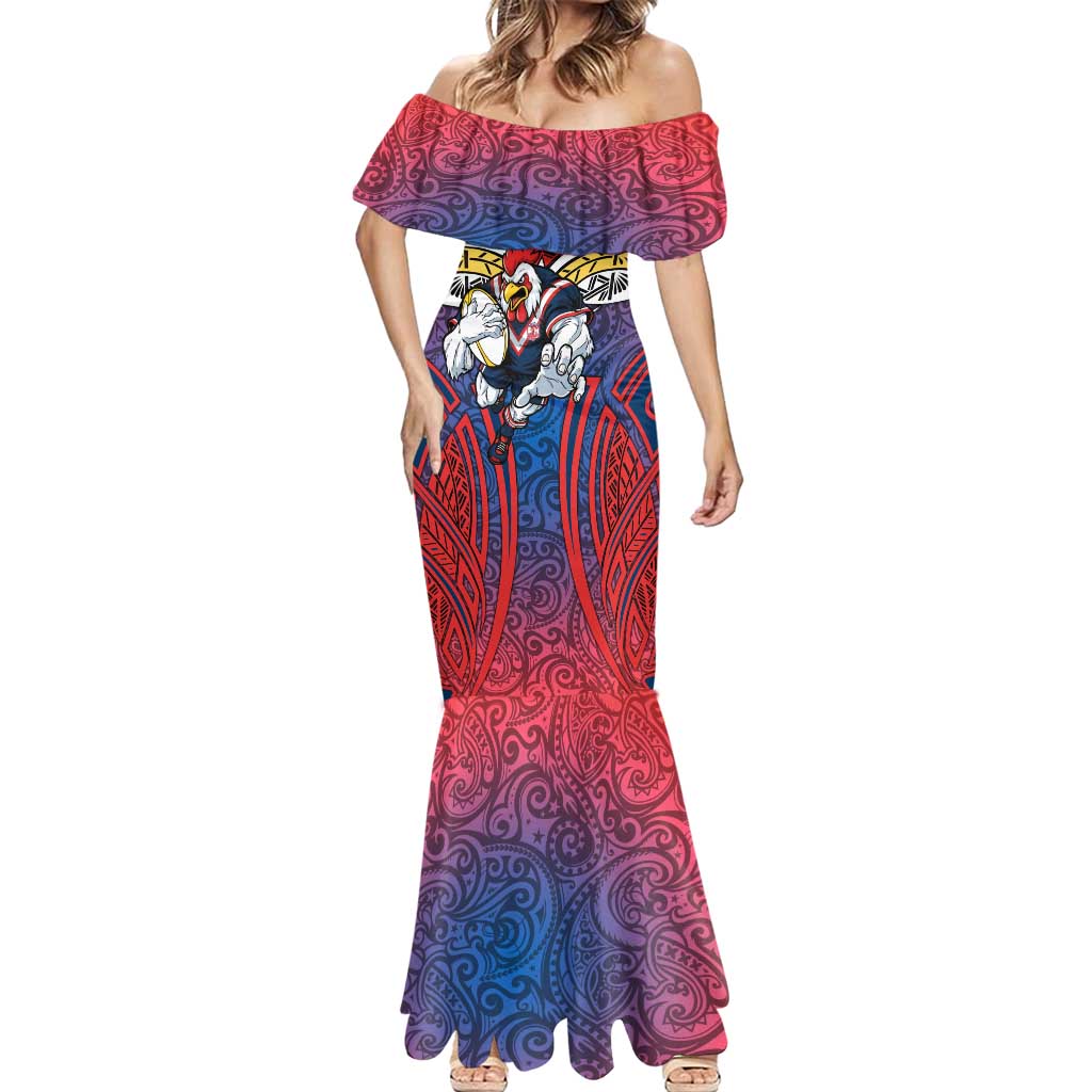 Sydney Roosters Rugby Mermaid Dress Polynesian Tribal Rooster Warrior Red Blue Pattern