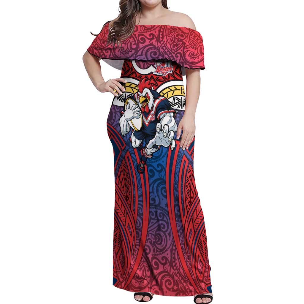 Sydney Roosters Rugby Off Shoulder Maxi Dress Polynesian Tribal Rooster Warrior Red Blue Pattern