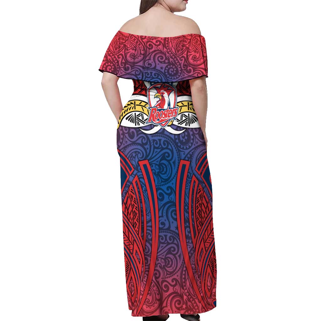 Sydney Roosters Rugby Off Shoulder Maxi Dress Polynesian Tribal Rooster Warrior Red Blue Pattern