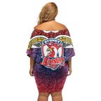 Sydney Roosters Rugby Off Shoulder Short Dress Polynesian Tribal Rooster Warrior Red Blue Pattern