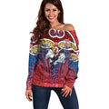 Sydney Roosters Rugby Off Shoulder Sweater Polynesian Tribal Rooster Warrior Red Blue Pattern