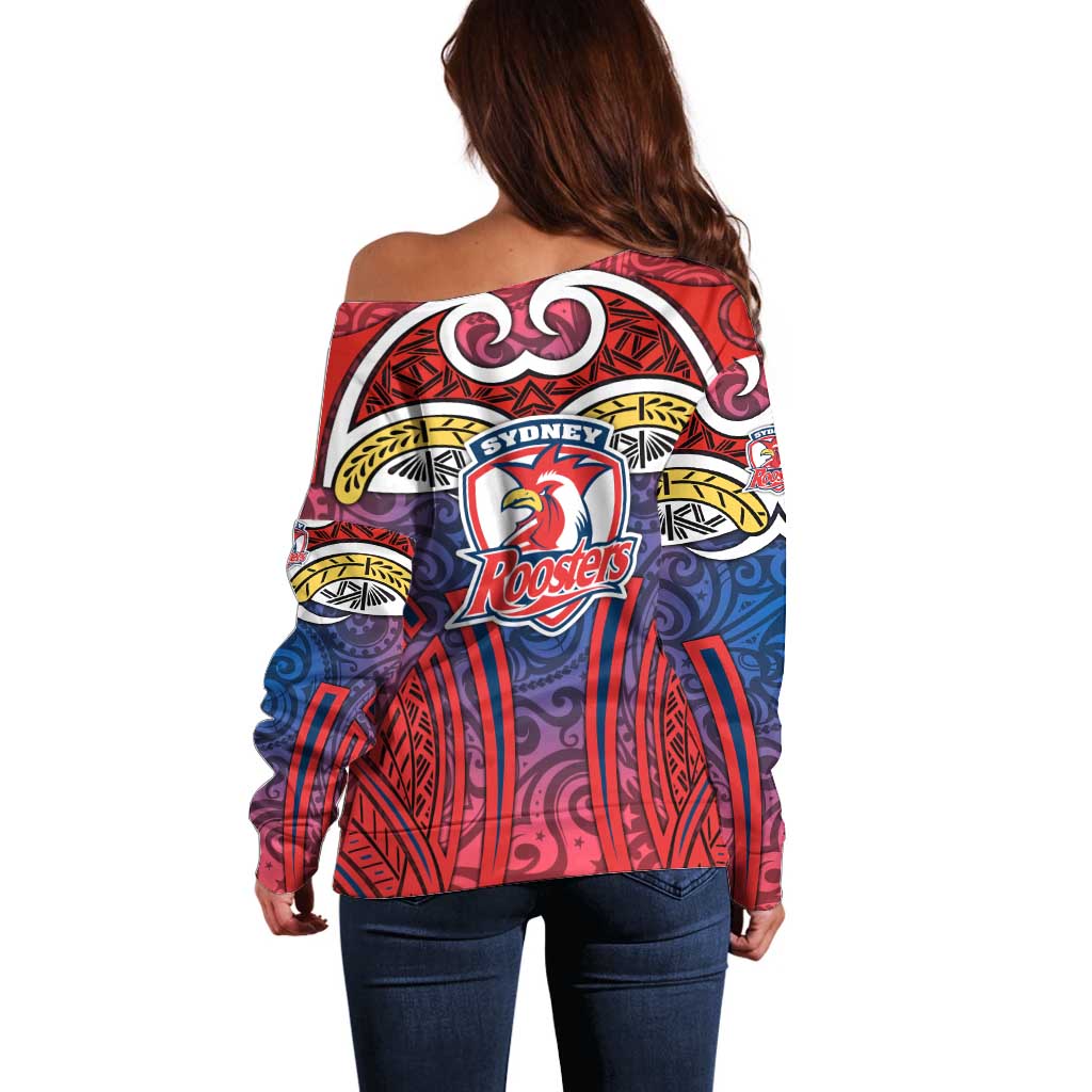 Sydney Roosters Rugby Off Shoulder Sweater Polynesian Tribal Rooster Warrior Red Blue Pattern