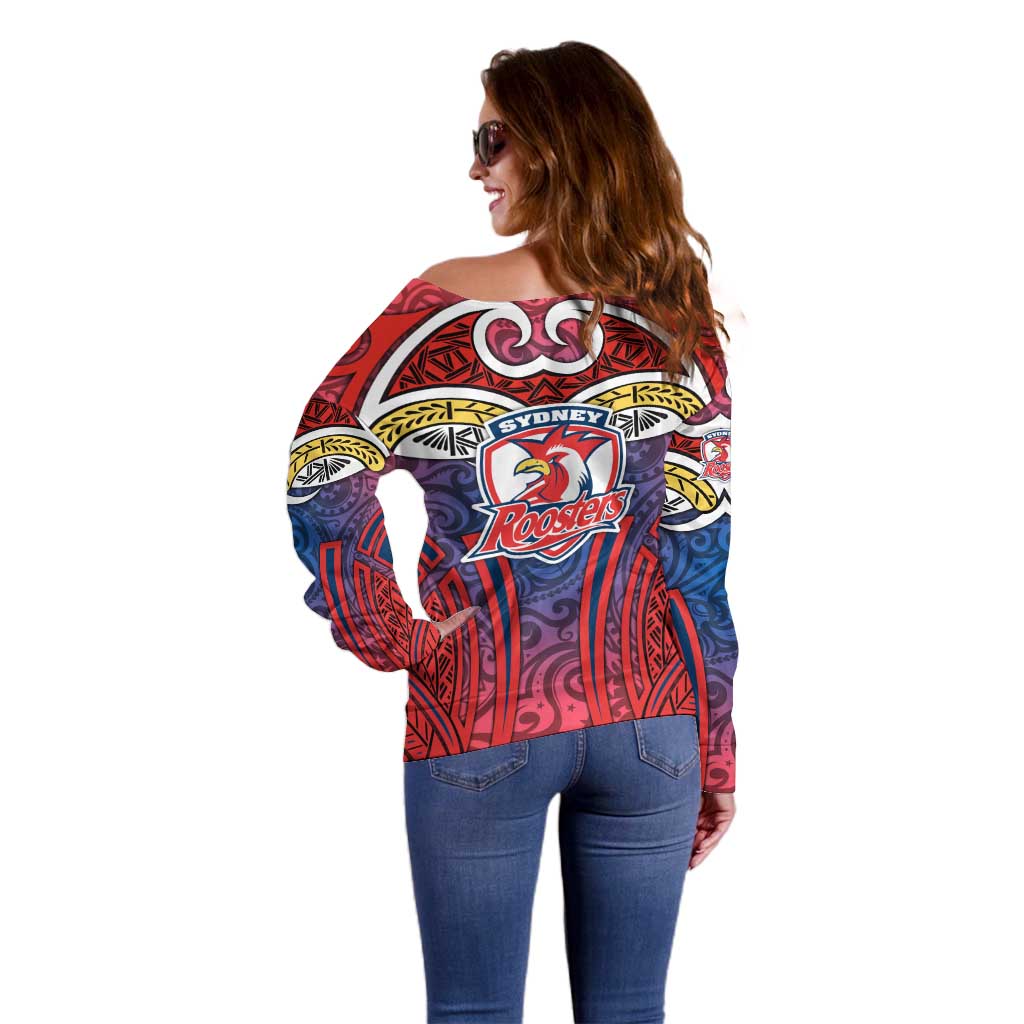 Sydney Roosters Rugby Off Shoulder Sweater Polynesian Tribal Rooster Warrior Red Blue Pattern