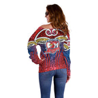 Sydney Roosters Rugby Off Shoulder Sweater Polynesian Tribal Rooster Warrior Red Blue Pattern