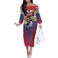 Sydney Roosters Rugby Off The Shoulder Long Sleeve Dress Polynesian Tribal Rooster Warrior Red Blue Pattern
