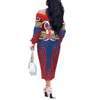 Sydney Roosters Rugby Off The Shoulder Long Sleeve Dress Polynesian Tribal Rooster Warrior Red Blue Pattern