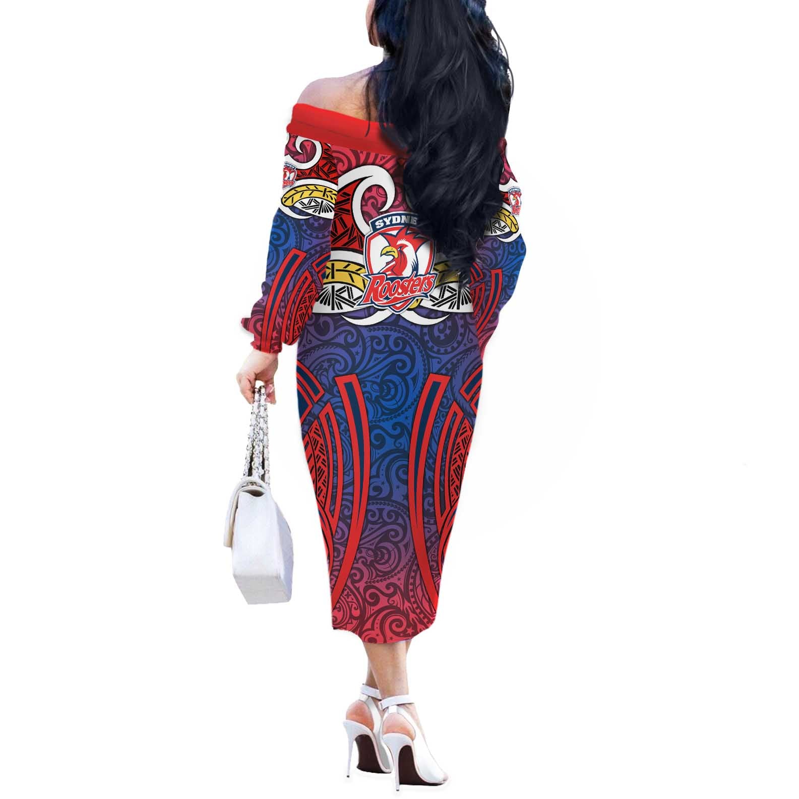 Sydney Roosters Rugby Off The Shoulder Long Sleeve Dress Polynesian Tribal Rooster Warrior Red Blue Pattern