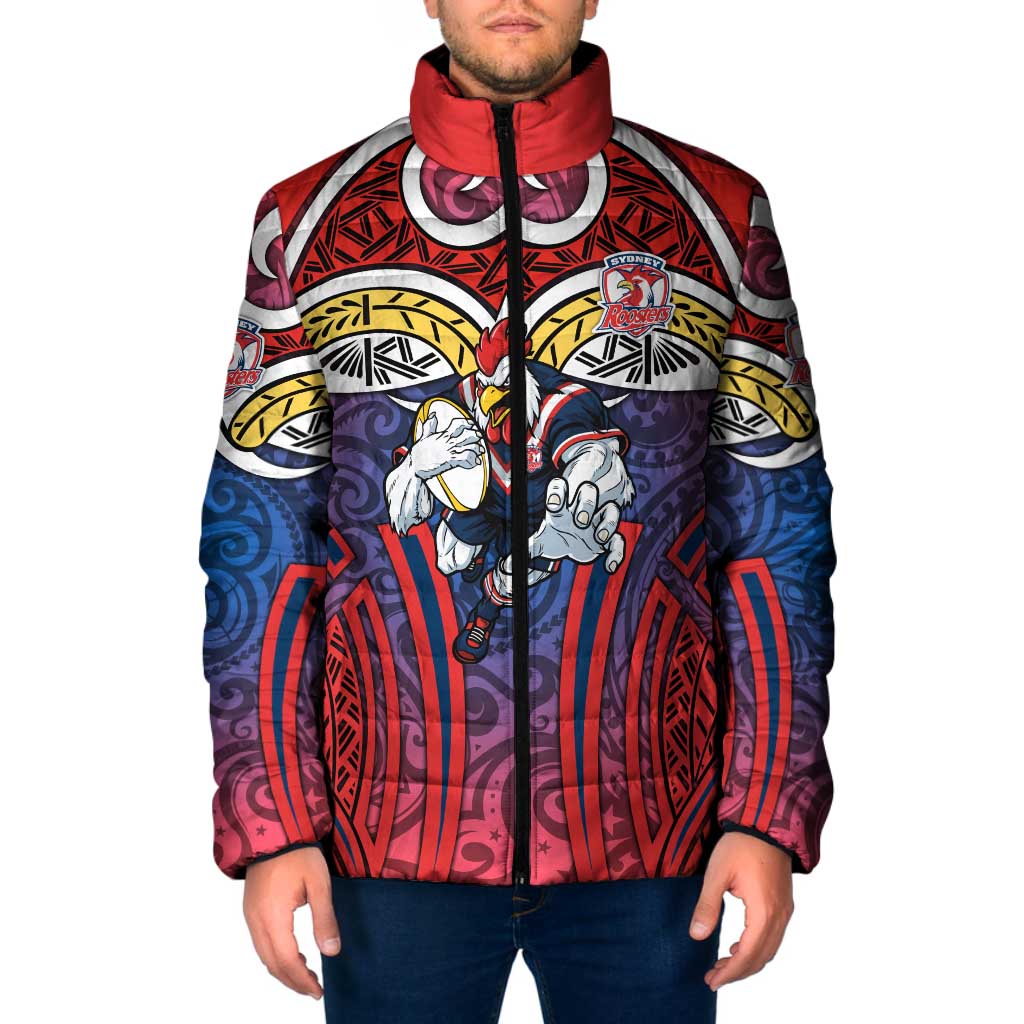 Sydney Roosters Rugby Padded Jacket Polynesian Tribal Rooster Warrior Red Blue Pattern