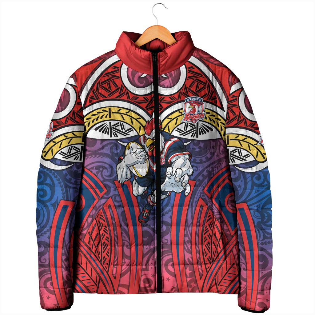 Sydney Roosters Rugby Padded Jacket Polynesian Tribal Rooster Warrior Red Blue Pattern