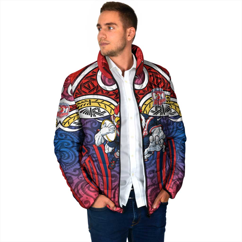 Sydney Roosters Rugby Padded Jacket Polynesian Tribal Rooster Warrior Red Blue Pattern