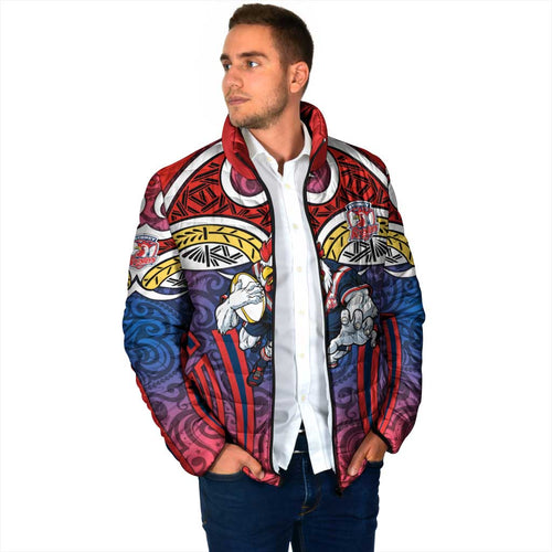 Sydney Roosters Rugby Padded Jacket Polynesian Tribal Rooster Warrior Red Blue Pattern