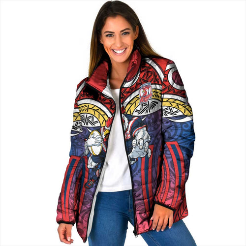 Sydney Roosters Rugby Padded Jacket Polynesian Tribal Rooster Warrior Red Blue Pattern