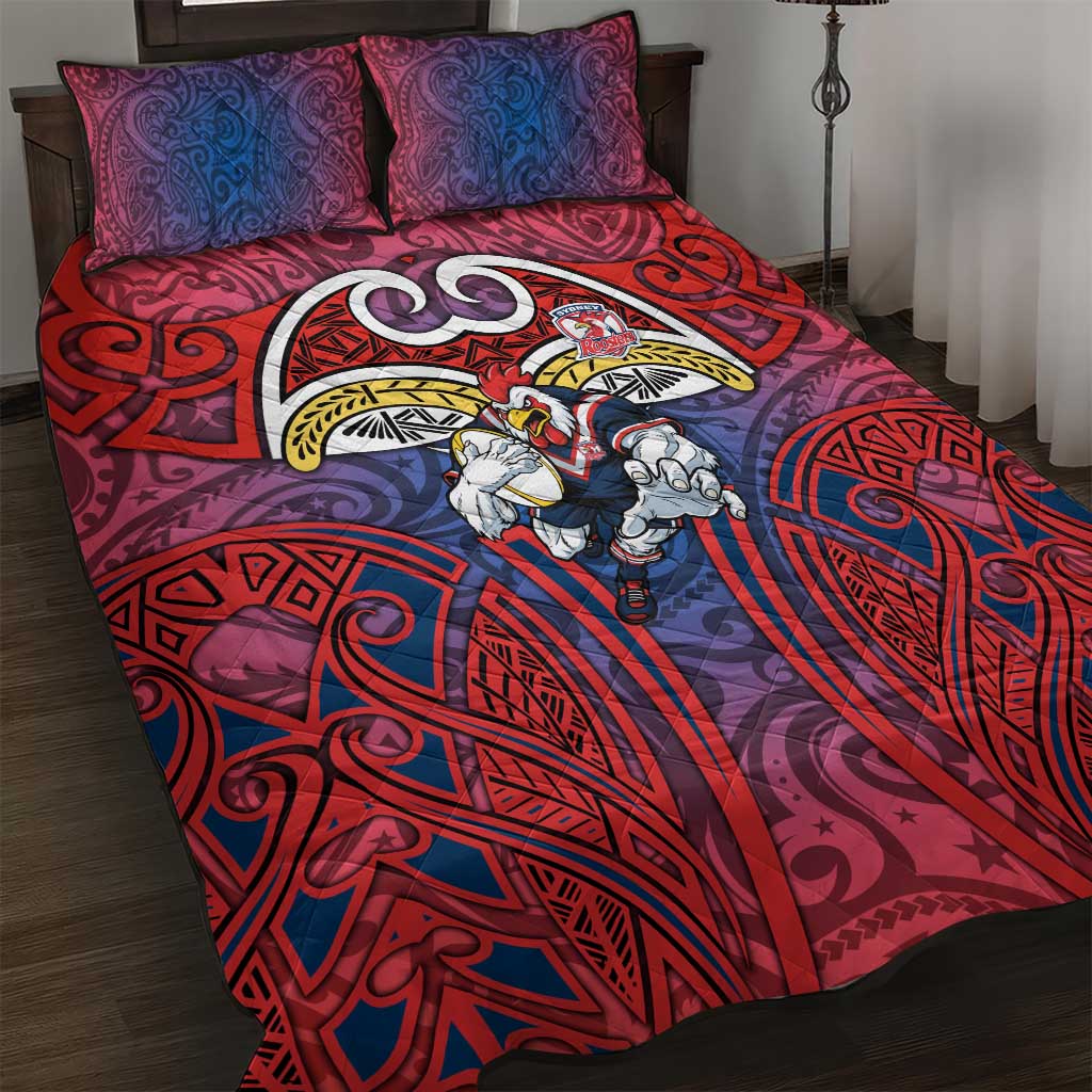 Sydney Roosters Rugby Quilt Bed Set Polynesian Tribal Rooster Warrior Red Blue Pattern