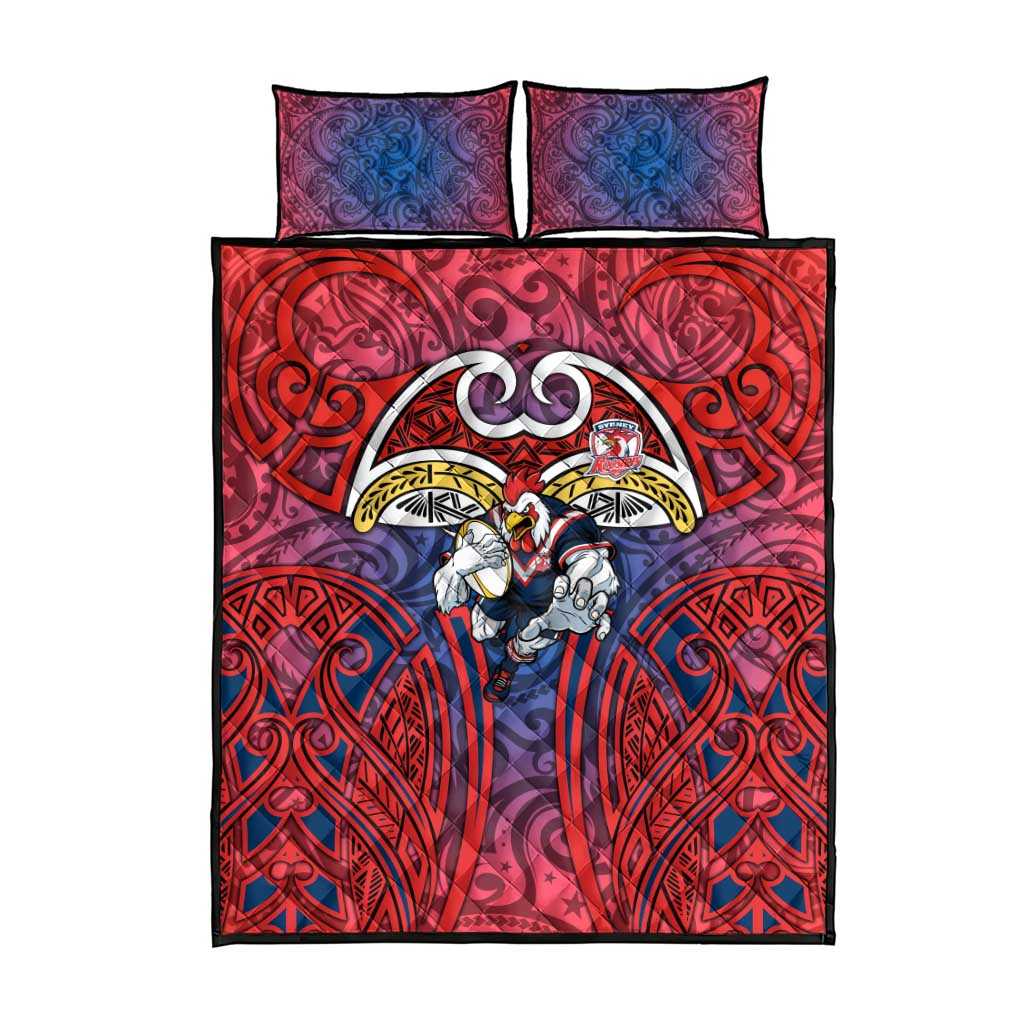 Sydney Roosters Rugby Quilt Bed Set Polynesian Tribal Rooster Warrior Red Blue Pattern