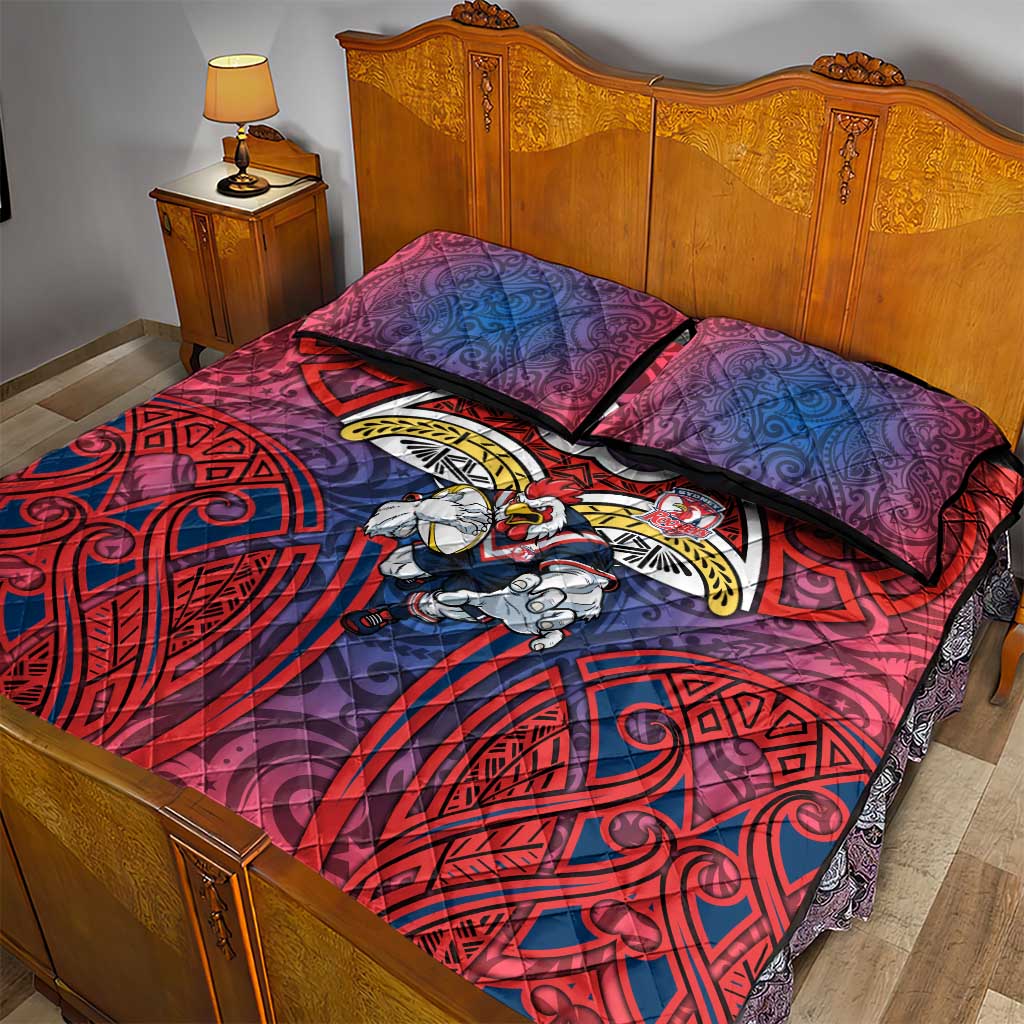 Sydney Roosters Rugby Quilt Bed Set Polynesian Tribal Rooster Warrior Red Blue Pattern