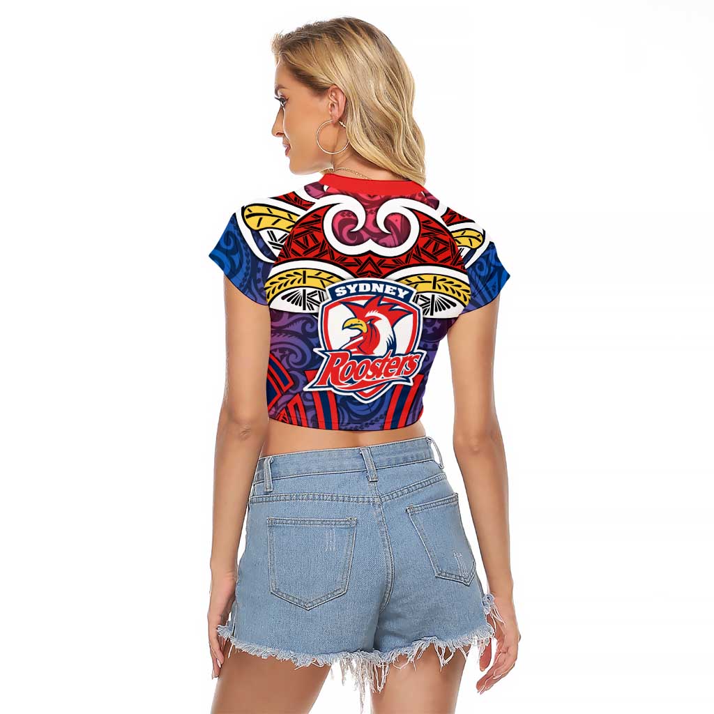 Sydney Roosters Rugby Raglan Cropped T Shirt Polynesian Tribal Rooster Warrior Red Blue Pattern