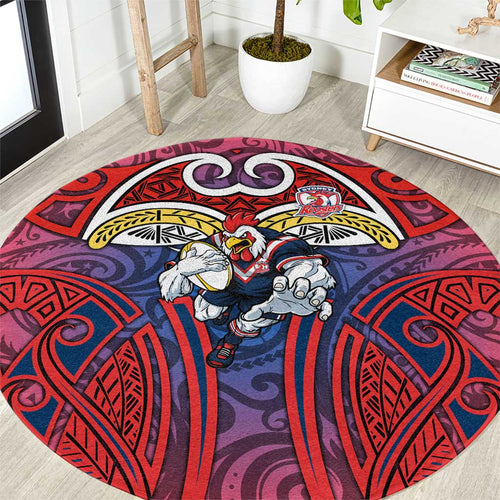 Sydney Roosters Rugby Round Carpet Polynesian Tribal Rooster Warrior Red Blue Pattern