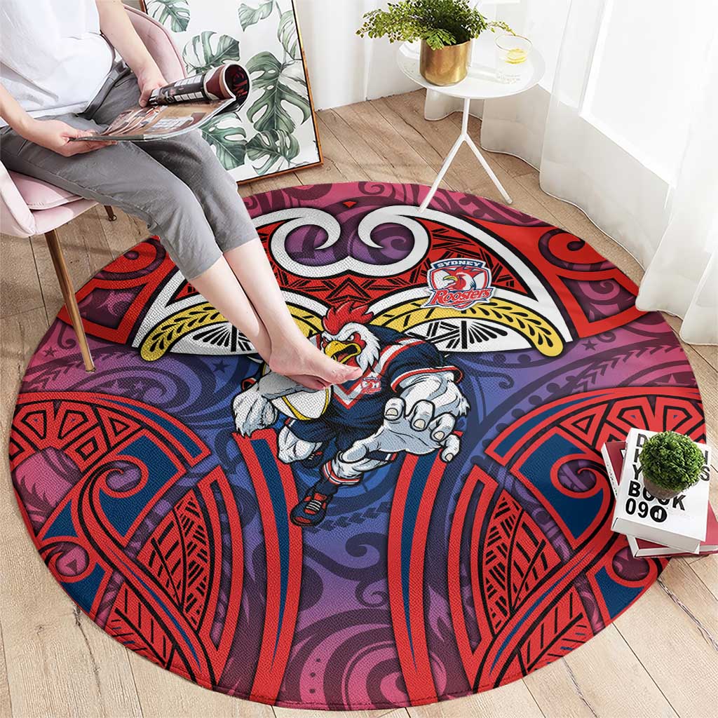 Sydney Roosters Rugby Round Carpet Polynesian Tribal Rooster Warrior Red Blue Pattern