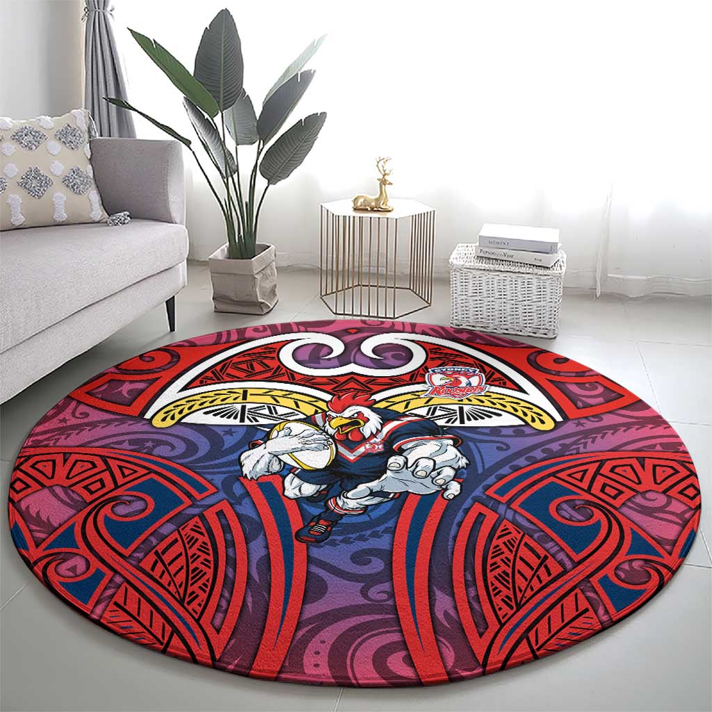 Sydney Roosters Rugby Round Carpet Polynesian Tribal Rooster Warrior Red Blue Pattern