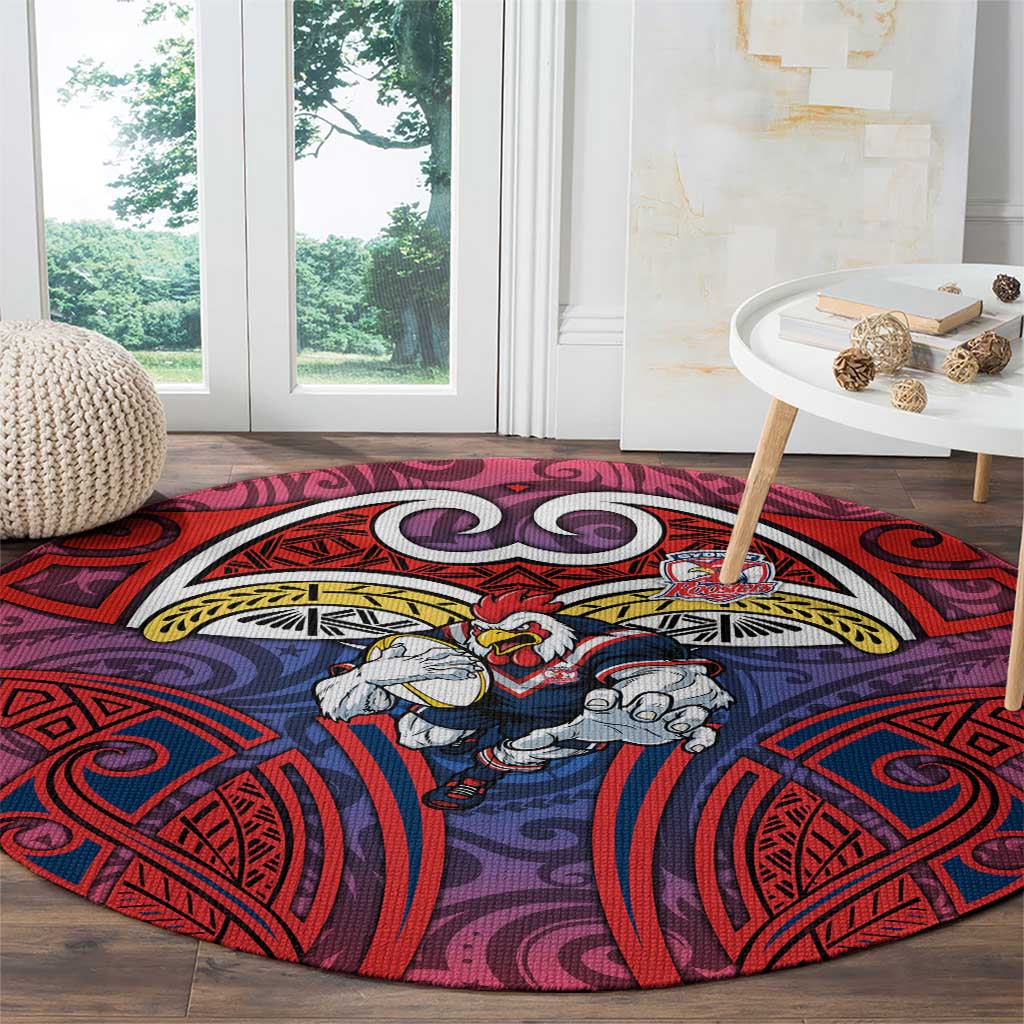 Sydney Roosters Rugby Round Carpet Polynesian Tribal Rooster Warrior Red Blue Pattern