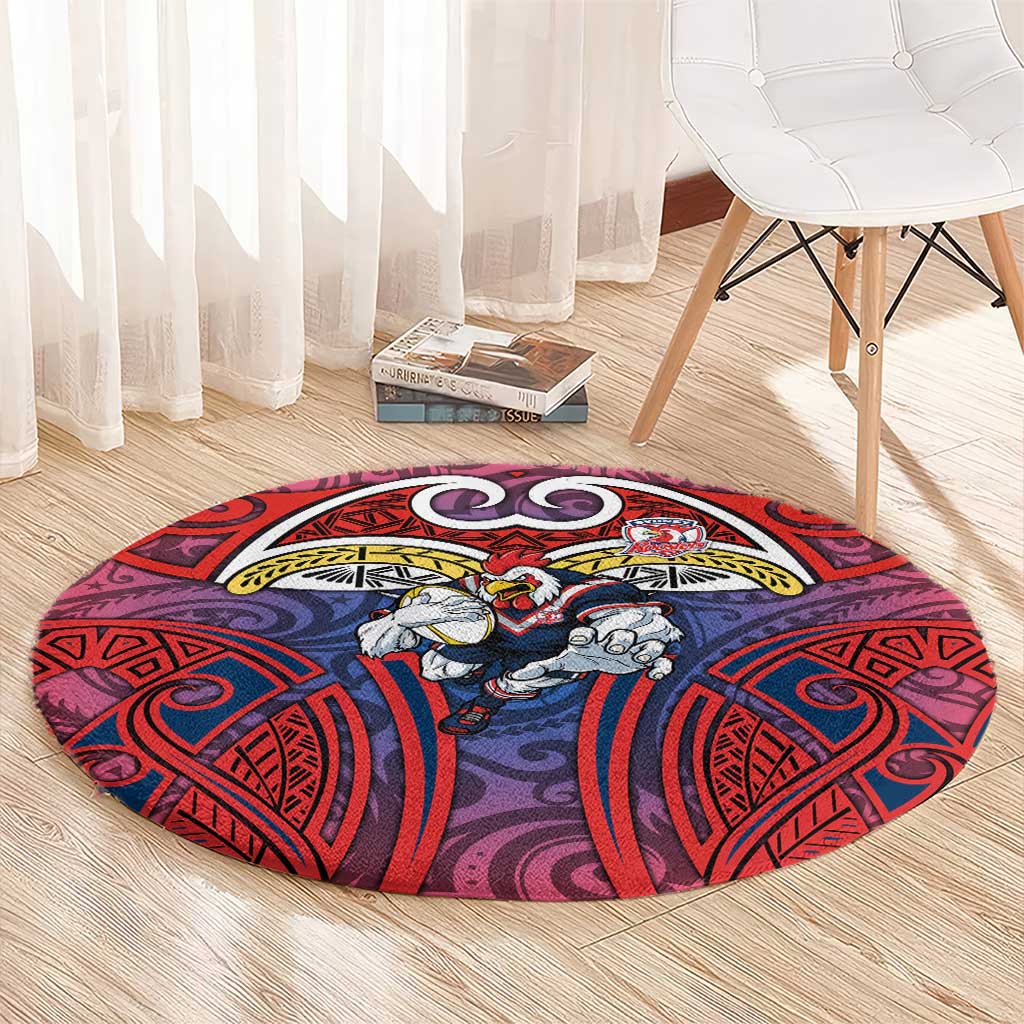 Sydney Roosters Rugby Round Carpet Polynesian Tribal Rooster Warrior Red Blue Pattern