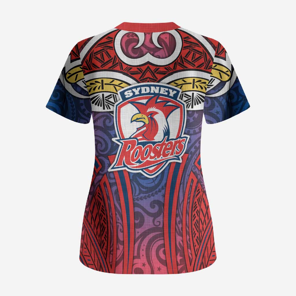 Sydney Roosters Rugby Scrub Top Polynesian Tribal Rooster Warrior Red Blue Pattern