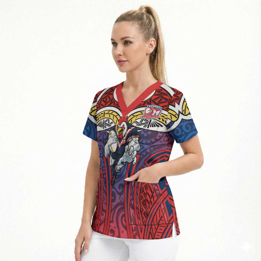 Sydney Roosters Rugby Scrub Top Polynesian Tribal Rooster Warrior Red Blue Pattern