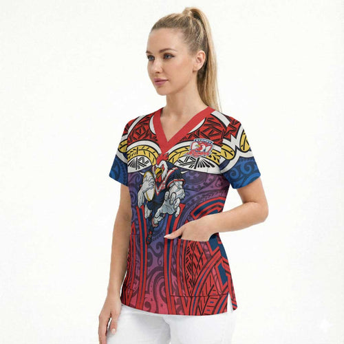 Sydney Roosters Rugby Scrub Top Polynesian Tribal Rooster Warrior Red Blue Pattern